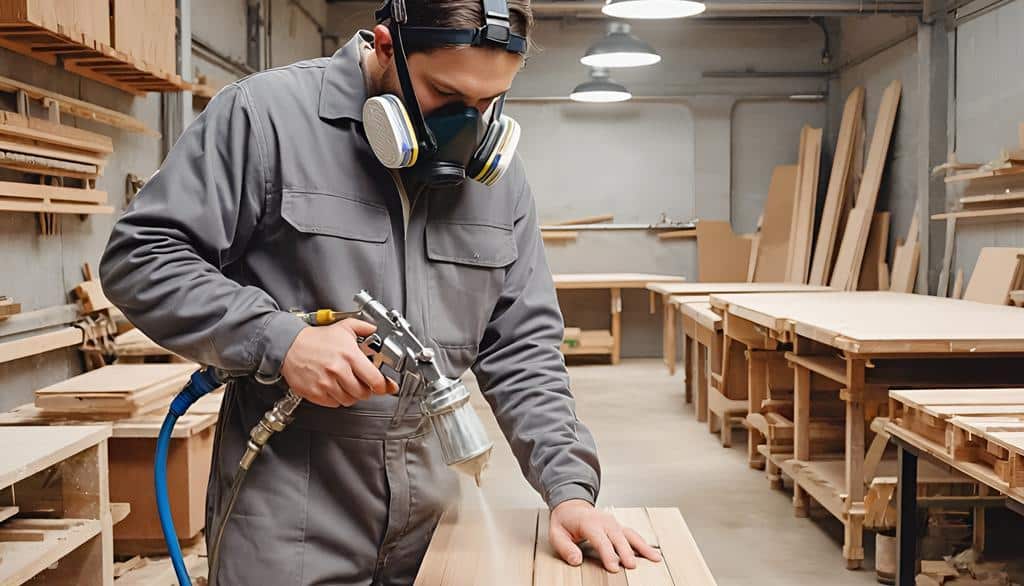 Marceneiro utilizando pistola de pintura pneumática em um móvel planejado
