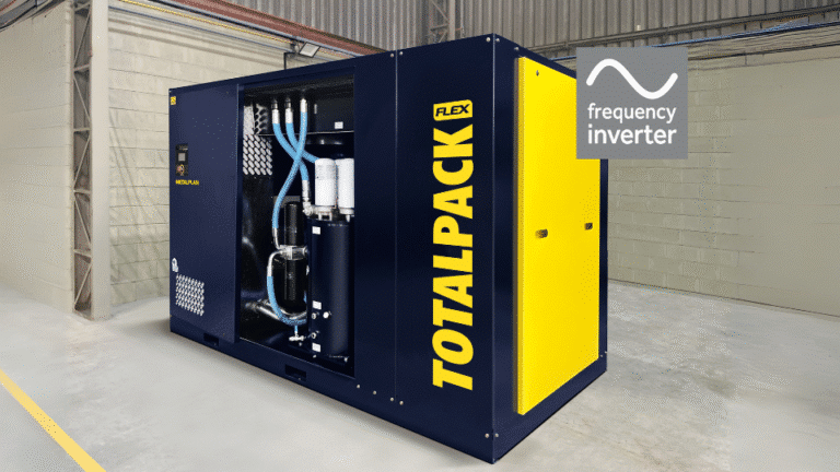 Compressor industrial com inversor de frequência para otimização de energia.